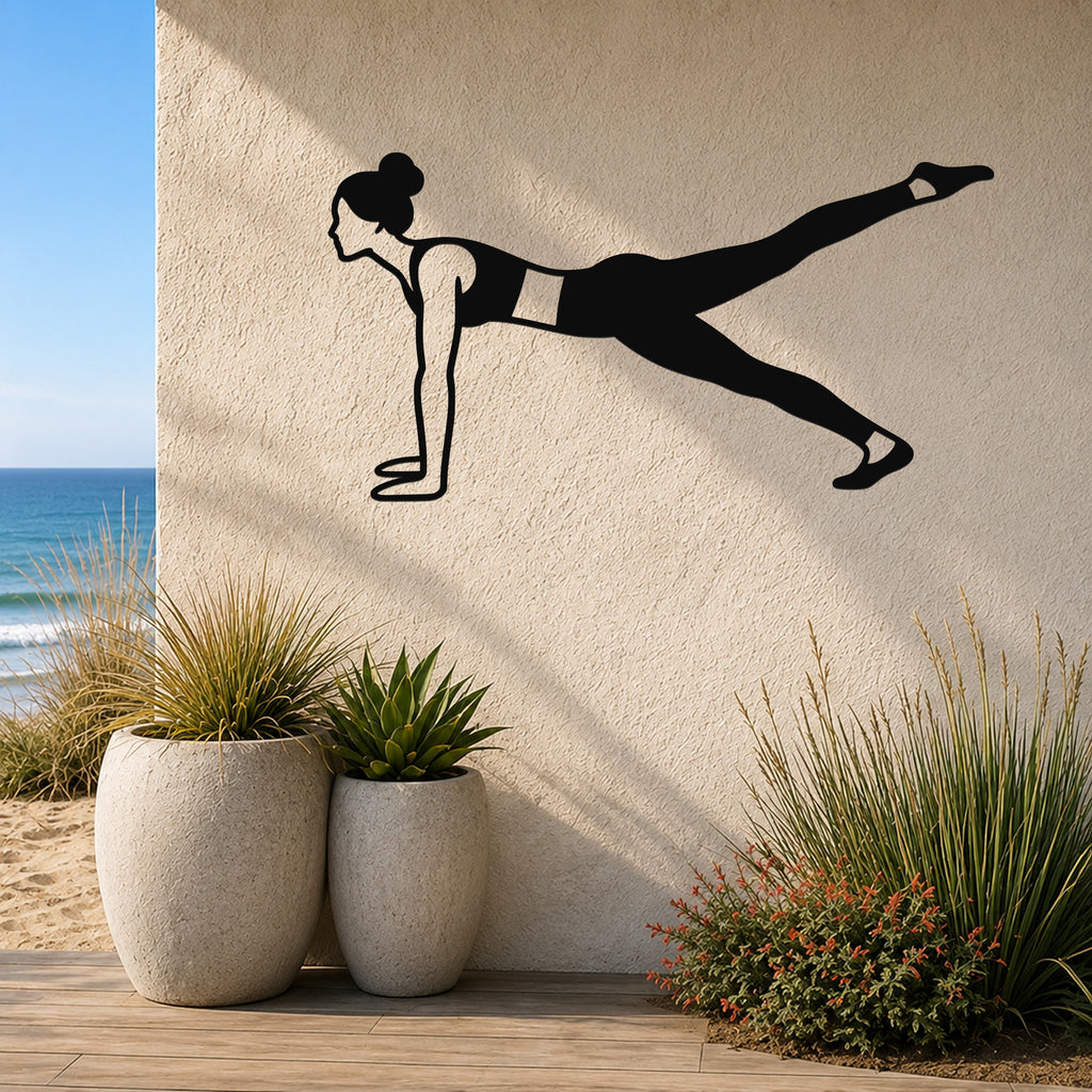 Female Classical Pilates Leg Pull Front waterproof steel metal wall art, mockup 3