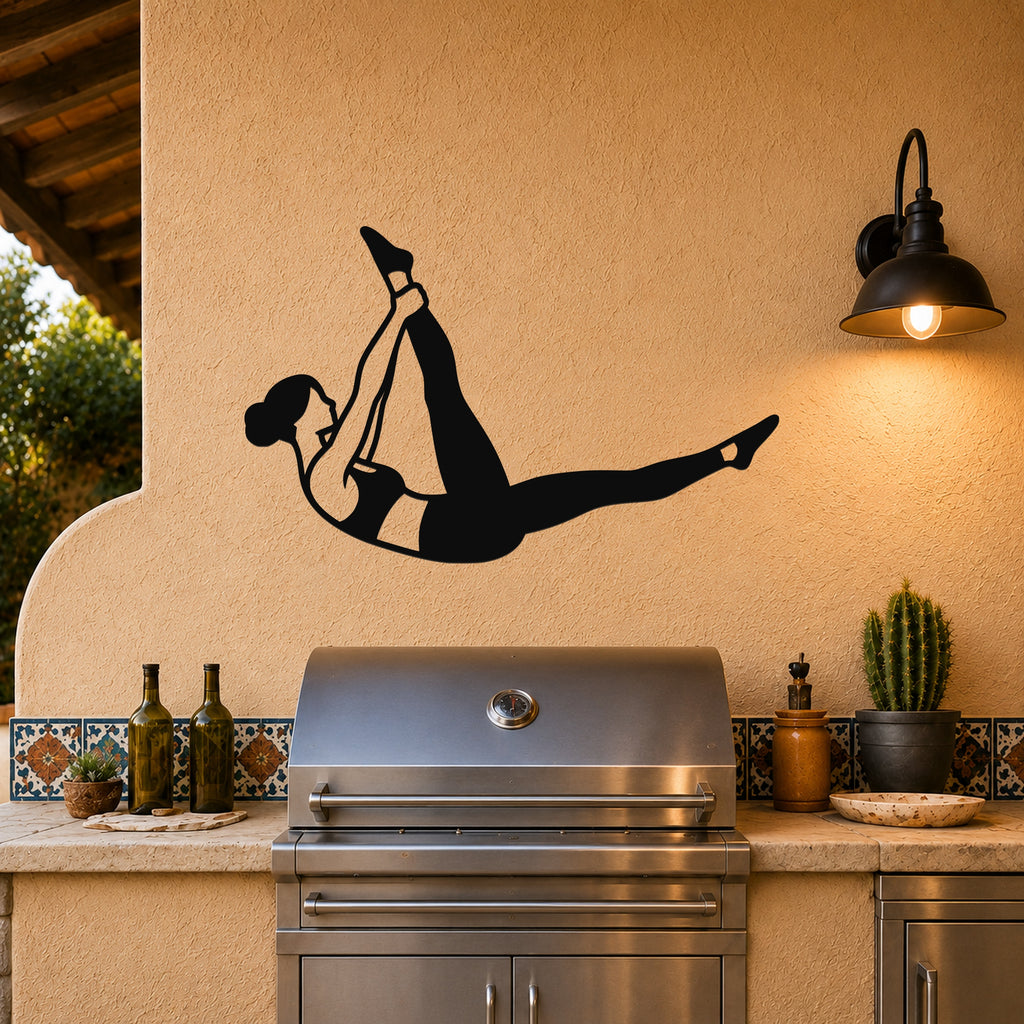 Female Classical Pilates Single Straight Leg waterproof steel metal wall art, mockup 3