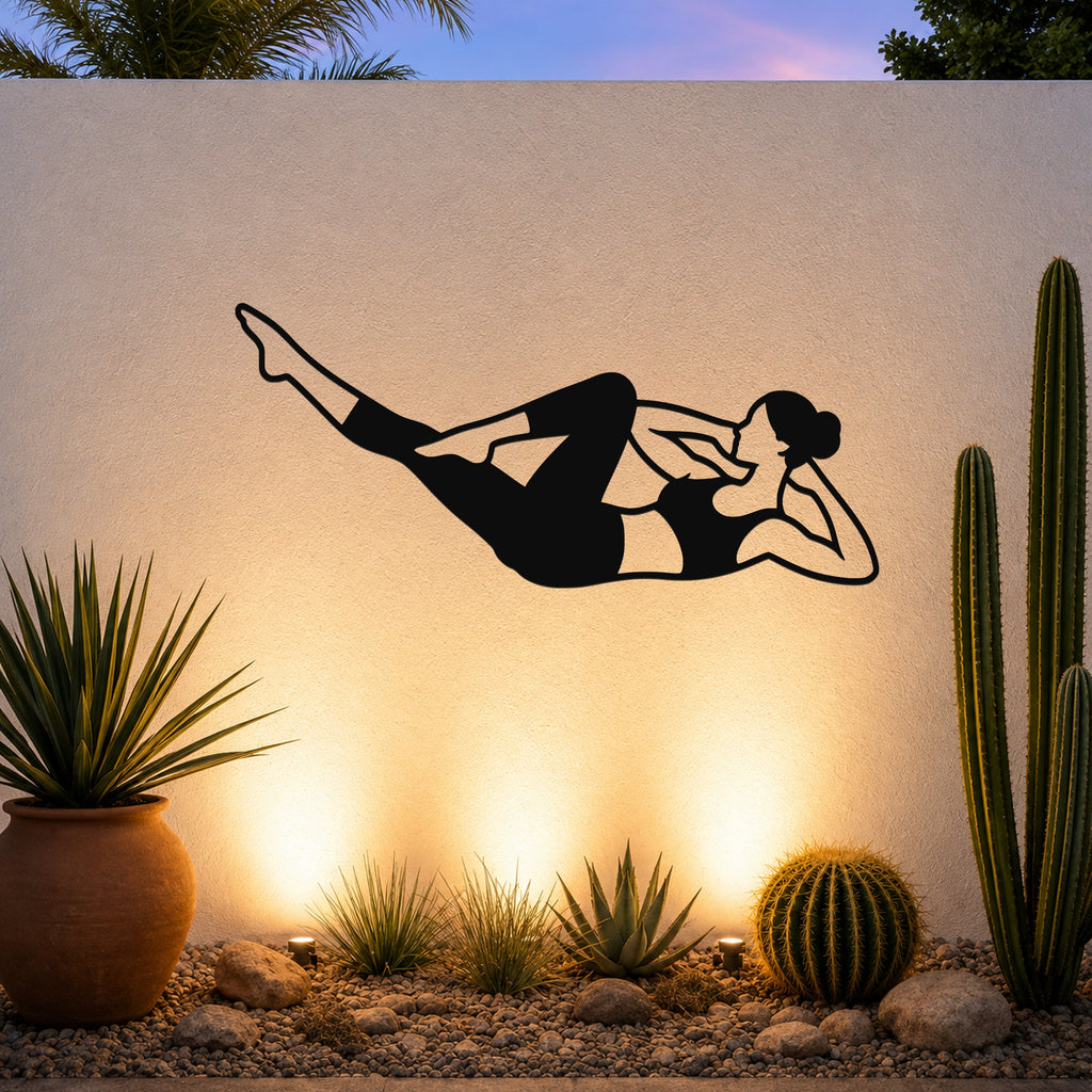 Female Classical Pilates Criss Cross waterproof steel metal wall art, mockup 3