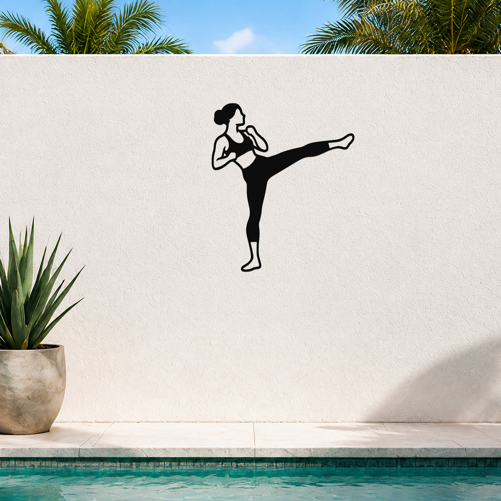 Female Karate Roundhouse Kick waterproof steel metal wall art, mockup 3