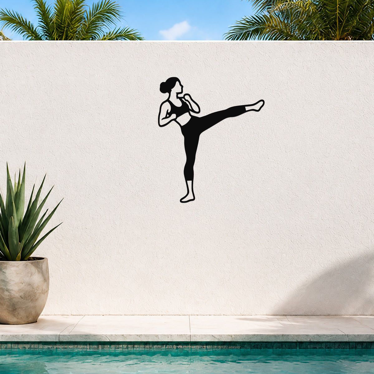 Female Karate Roundhouse Kick waterproof steel metal wall art, mockup 3