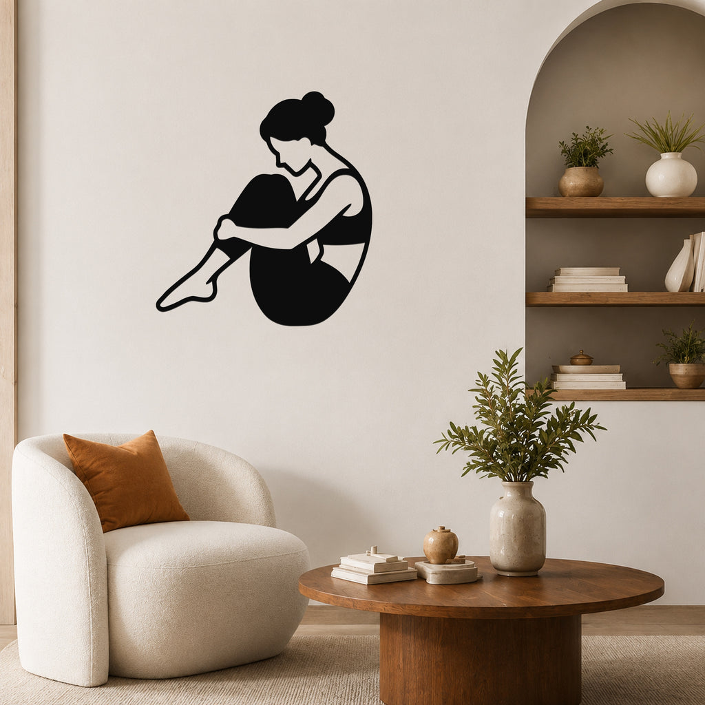 Female Classical Pilates Rolling Like a Ball waterproof steel metal wall art, mockup 4