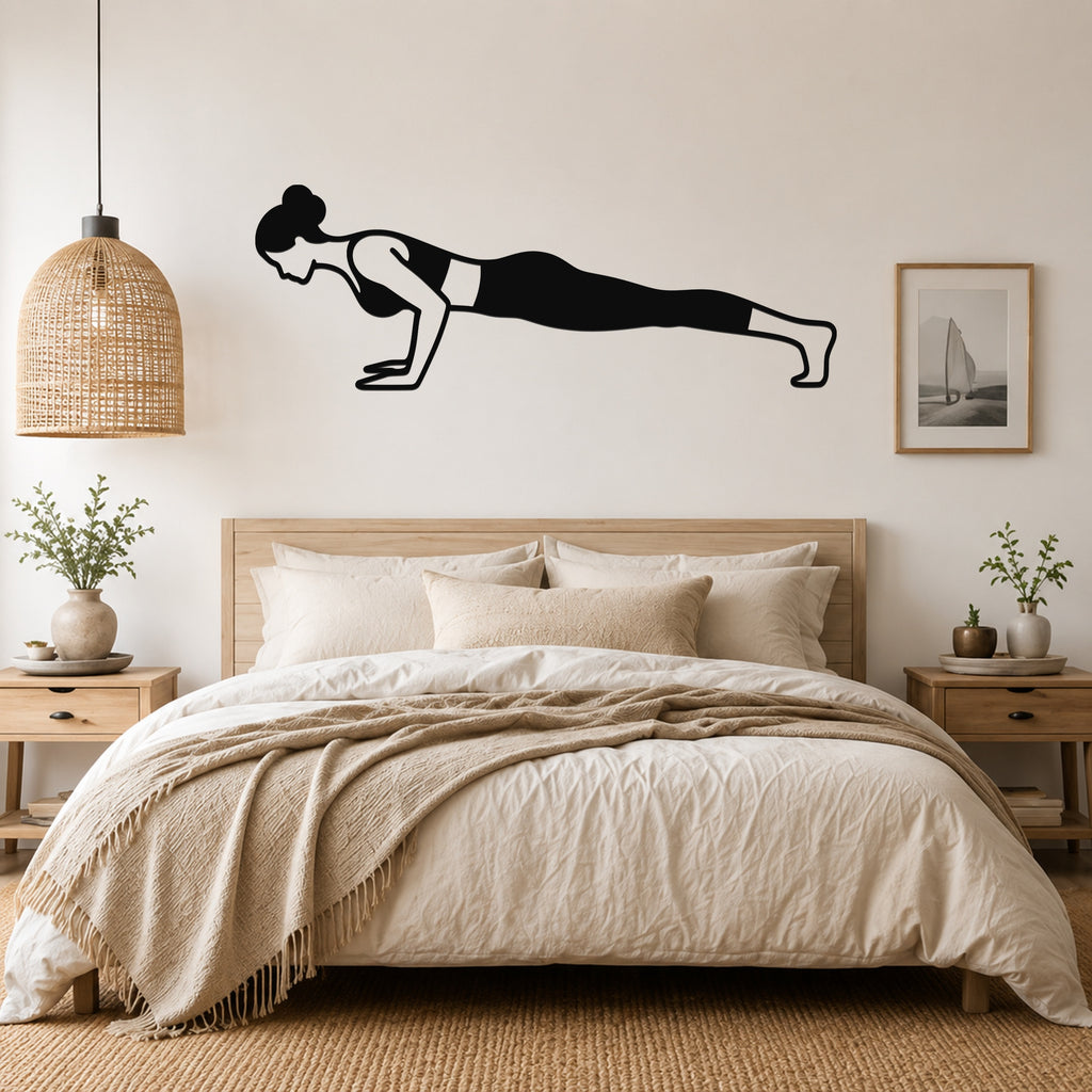 Female Classical Pilates Push Up waterproof steel metal wall art, mockup 4