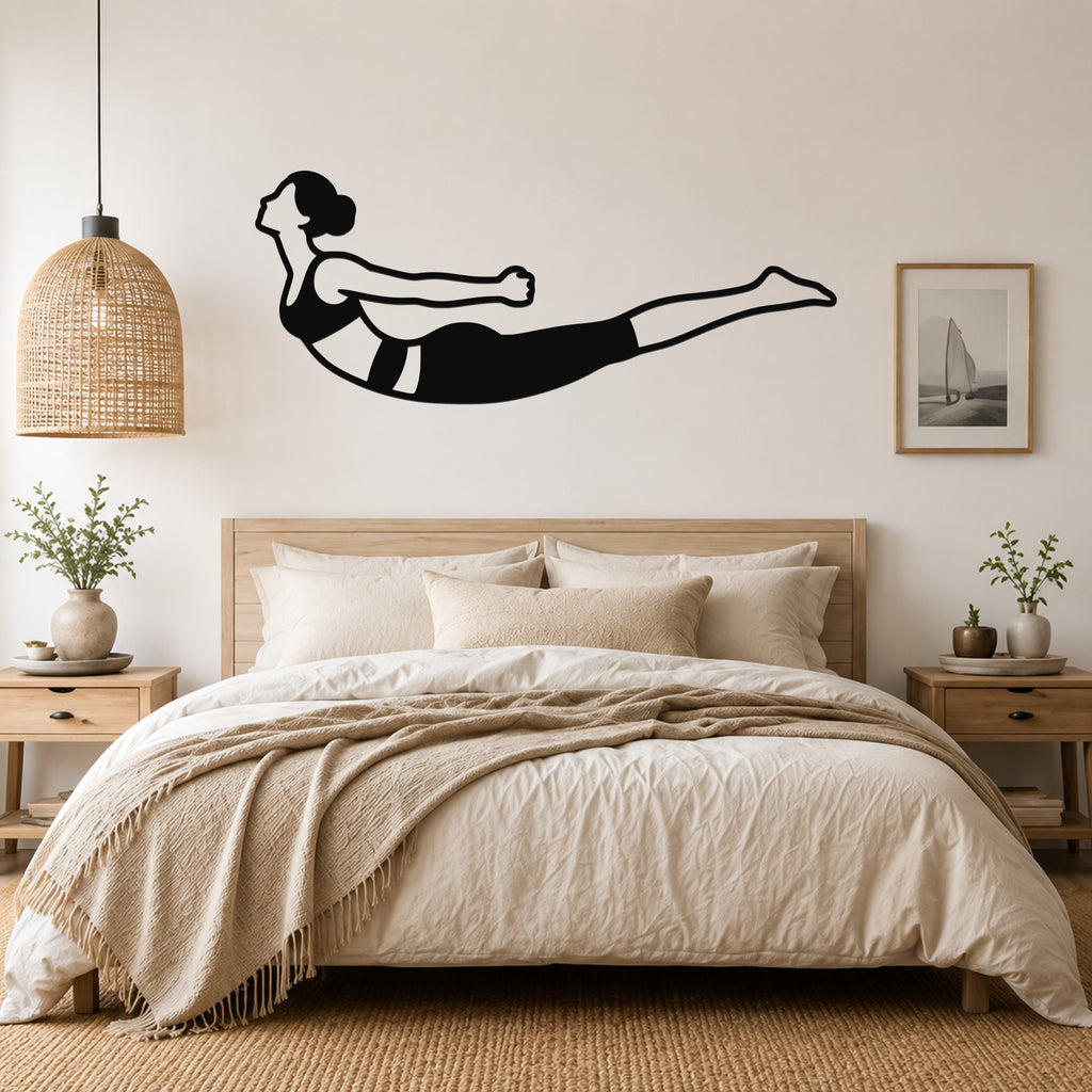 Female Classical Pilates Double Leg Kick waterproof steel metal wall art, mockup 4