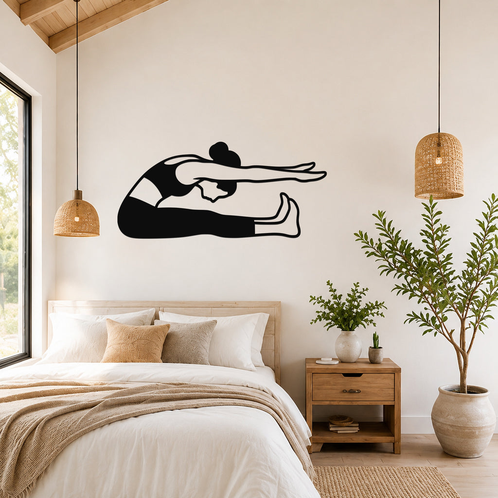 Female Classical Pilates Spine Stretch waterproof steel metal wall art, mockup 4