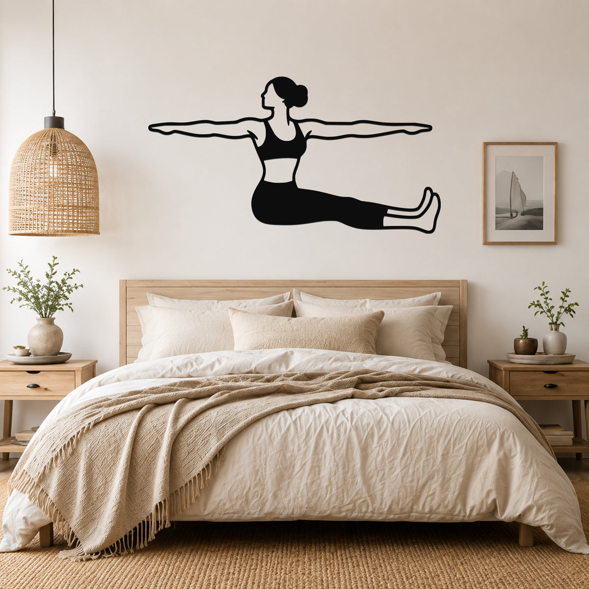Female Classical Pilates Spine Twist waterproof steel metal wall art, mockup 4