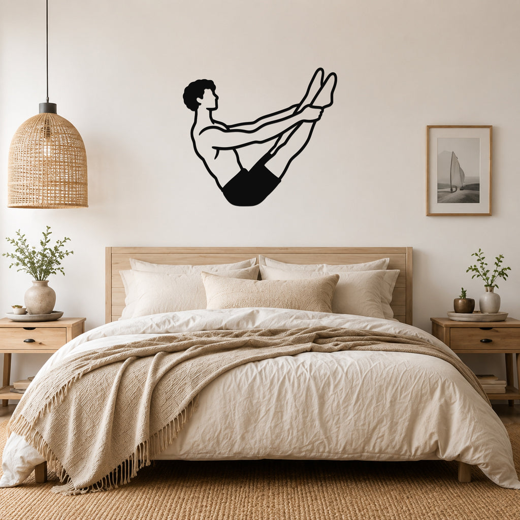 Male Classical Pilates Open Leg Rocker waterproof steel metal wall art, mockup 4