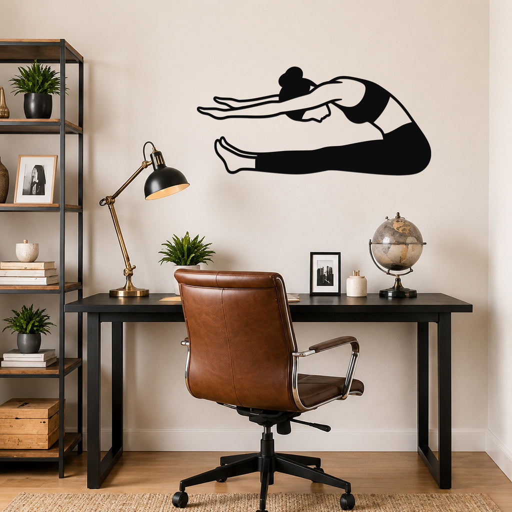 Female Classical Pilates Roll Up waterproof steel metal wall art, mockup 4