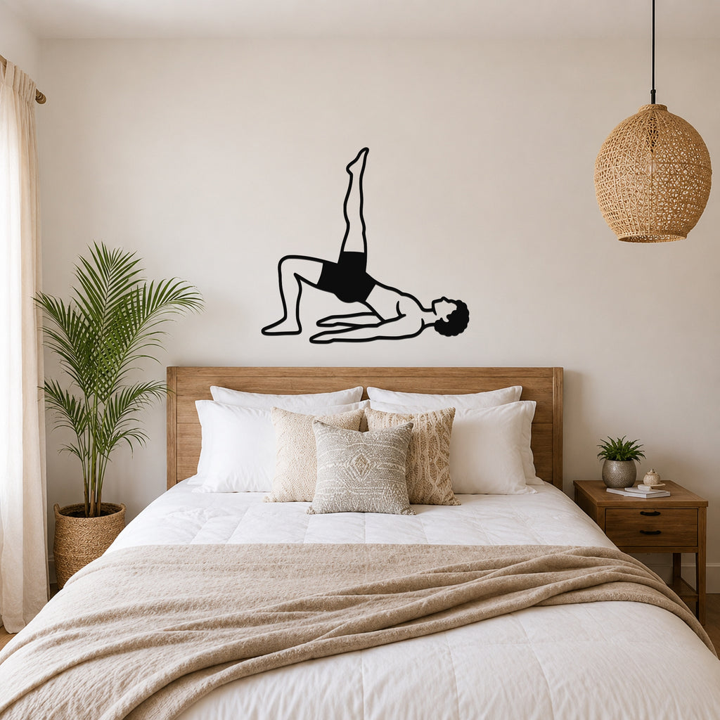 Male Classical Pilates Shoulder Bridge waterproof steel metal wall art, mockup 4