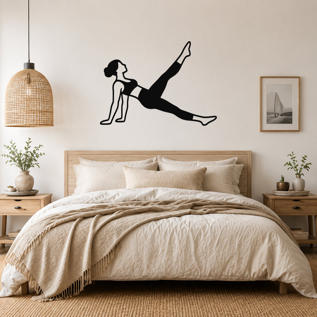Female Classical Pilates Leg Pull Back waterproof steel metal wall art, mockup 4
