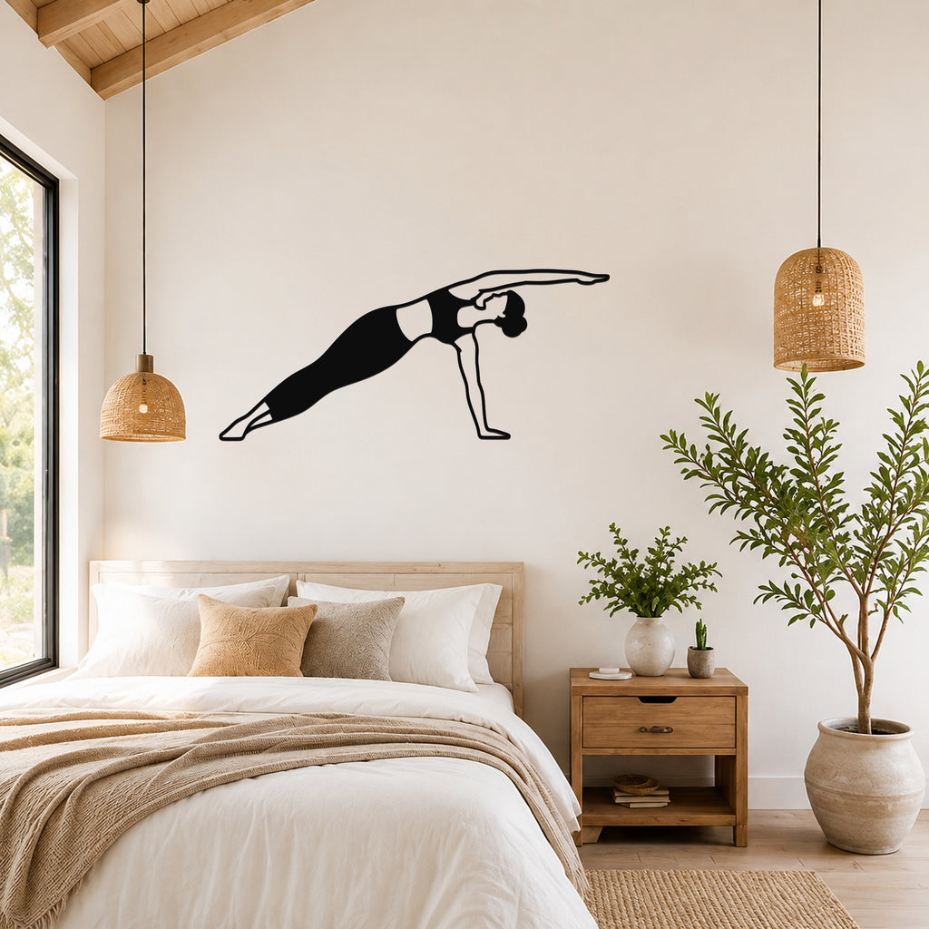 Female Classical Pilates Side Bend waterproof steel metal wall art, mockup 4