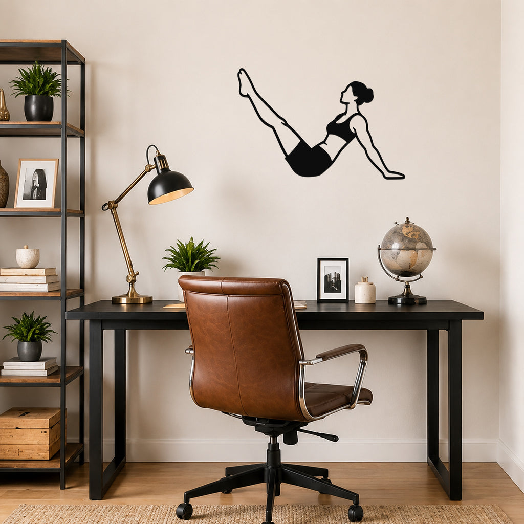 Female Classical Pilates Hip Circles waterproof steel metal wall art, mockup 4