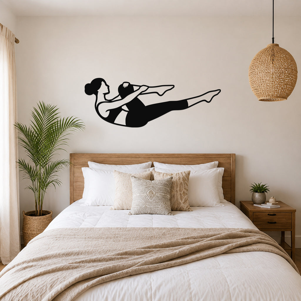 Female Classical Pilates Single Leg Stretch waterproof steel metal wall art, mockup 4