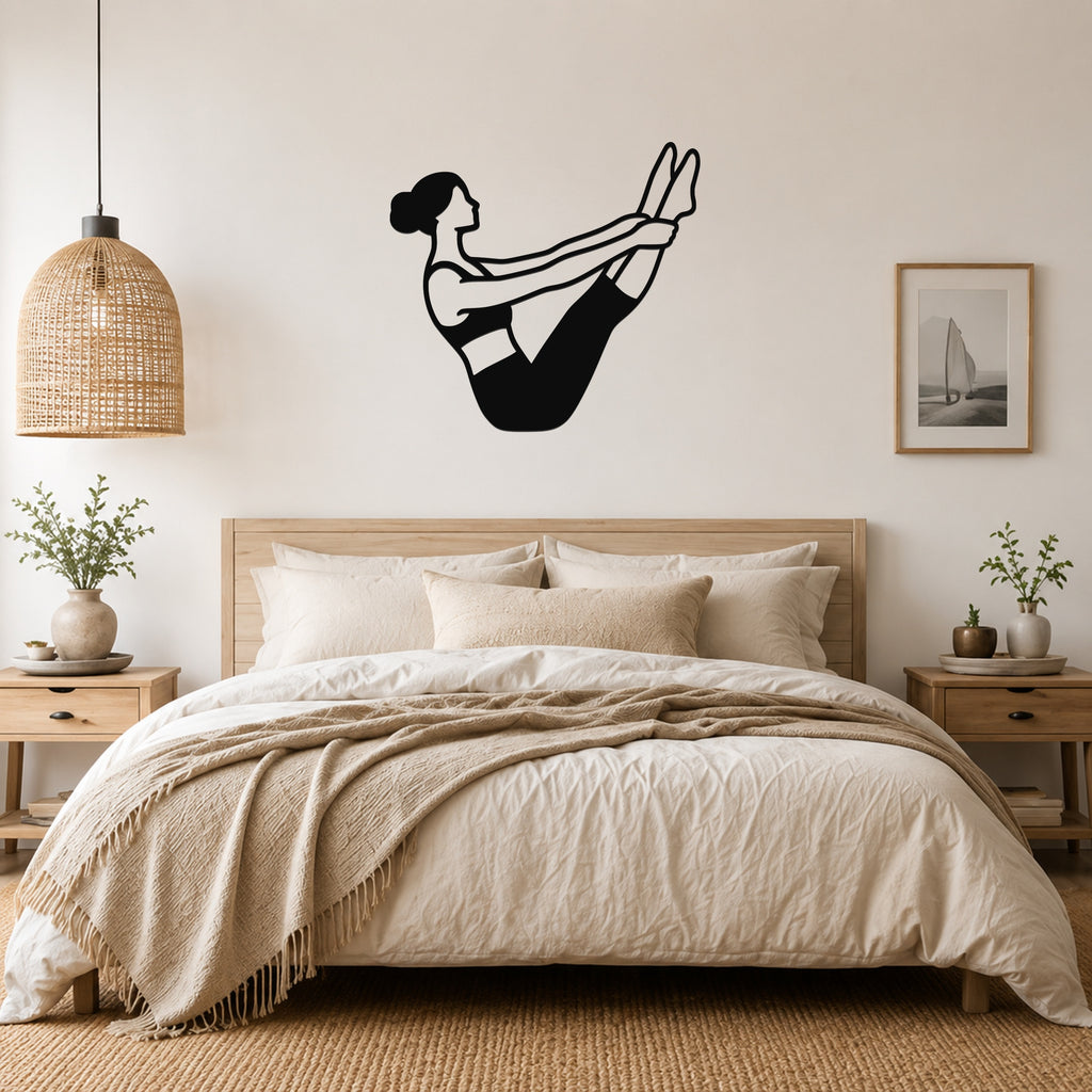 Female Classical Pilates Open Leg Rocker waterproof steel metal wall art, mockup 4