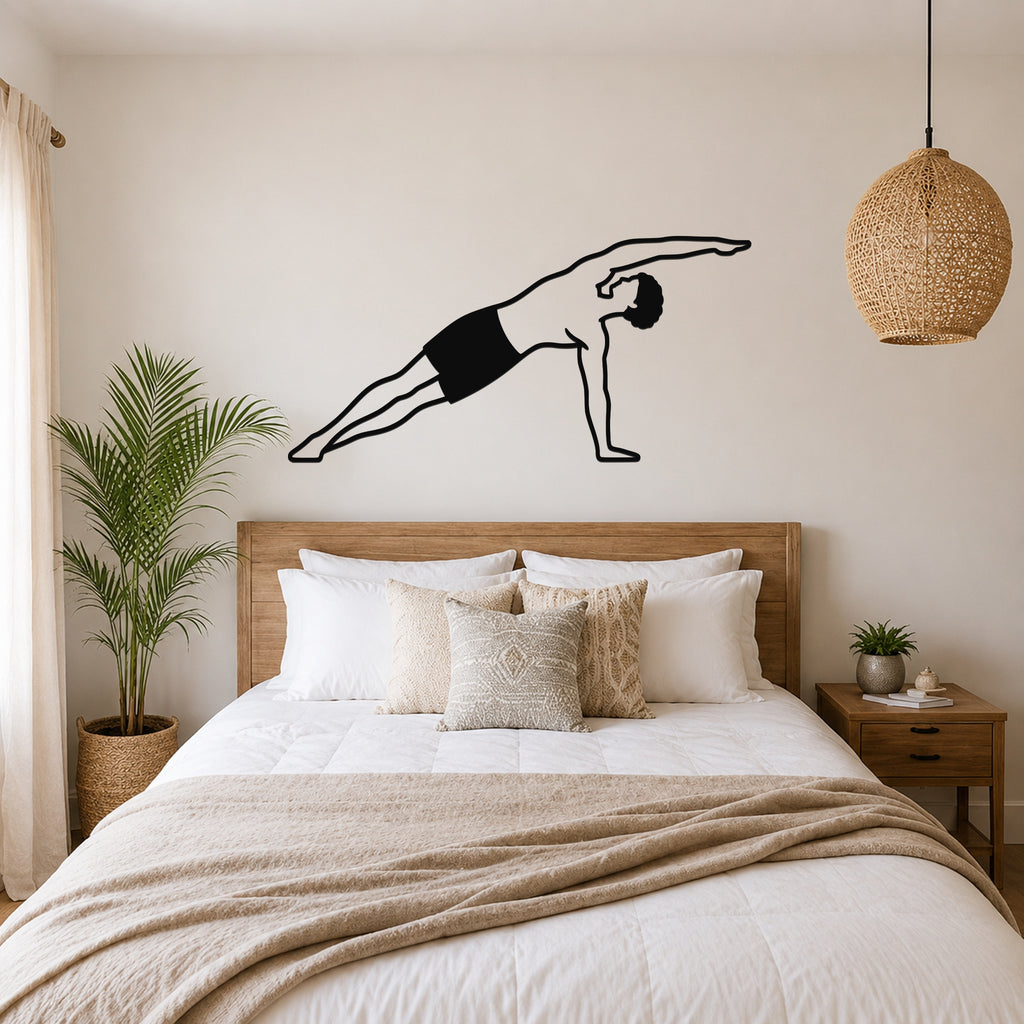 Male Classical Pilates Side Bend waterproof steel metal wall art, mockup 4