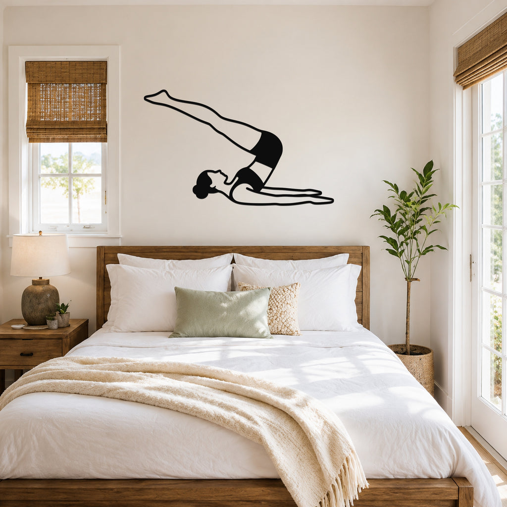 Female Classical Pilates Jack Knife waterproof steel metal wall art, mockup 4