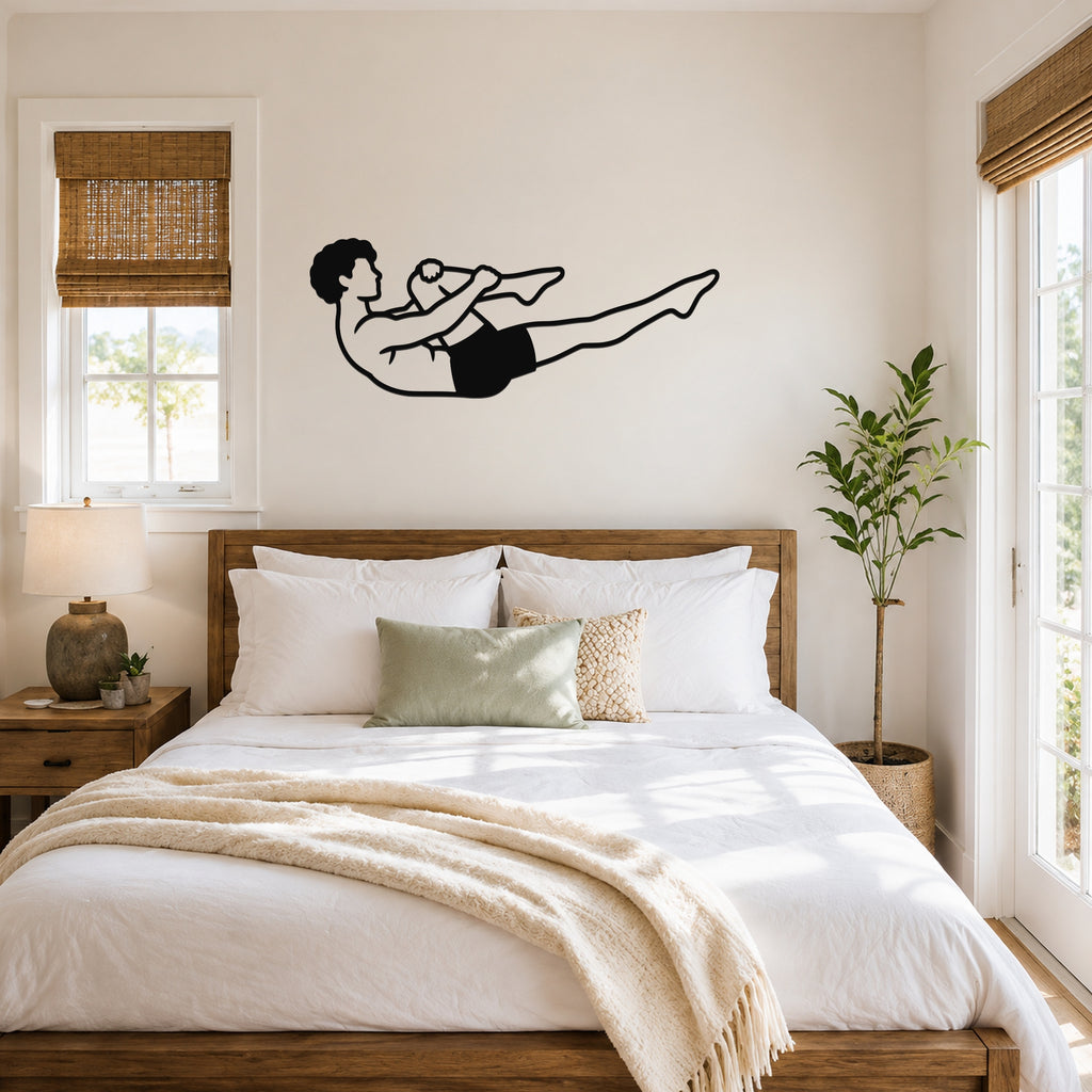 Male Classical Pilates Single Leg Stretch waterproof steel metal wall art, mockup 4