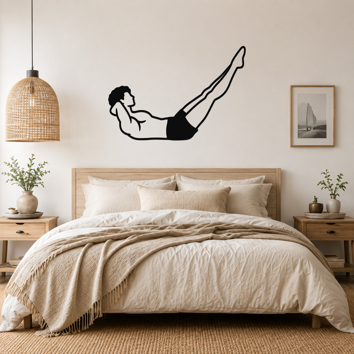Male Classical Pilates Double Straight Leg waterproof steel metal wall art, mockup 4