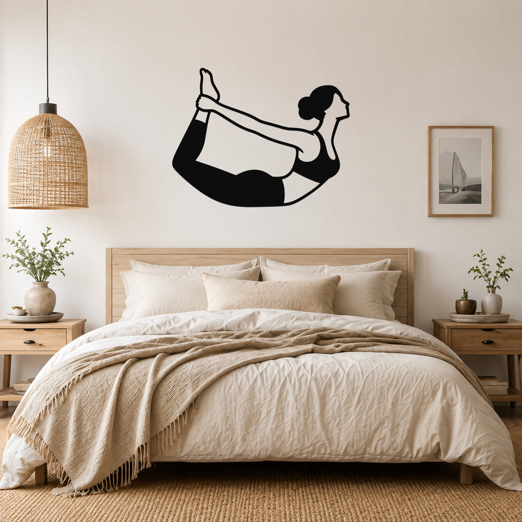 Female Classical Pilates Rocking waterproof steel metal wall art, mockup 4
