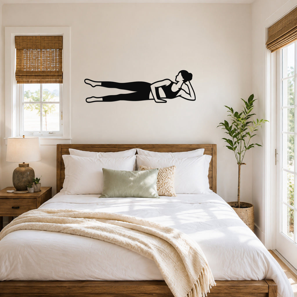 Female Classical Pilates Side Kick waterproof steel metal wall art, mockup 4