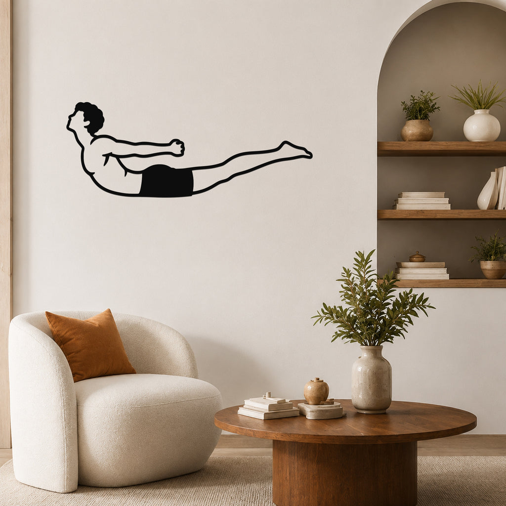 Male Classical Pilates Double Leg Kick waterproof steel metal wall art, mockup 4