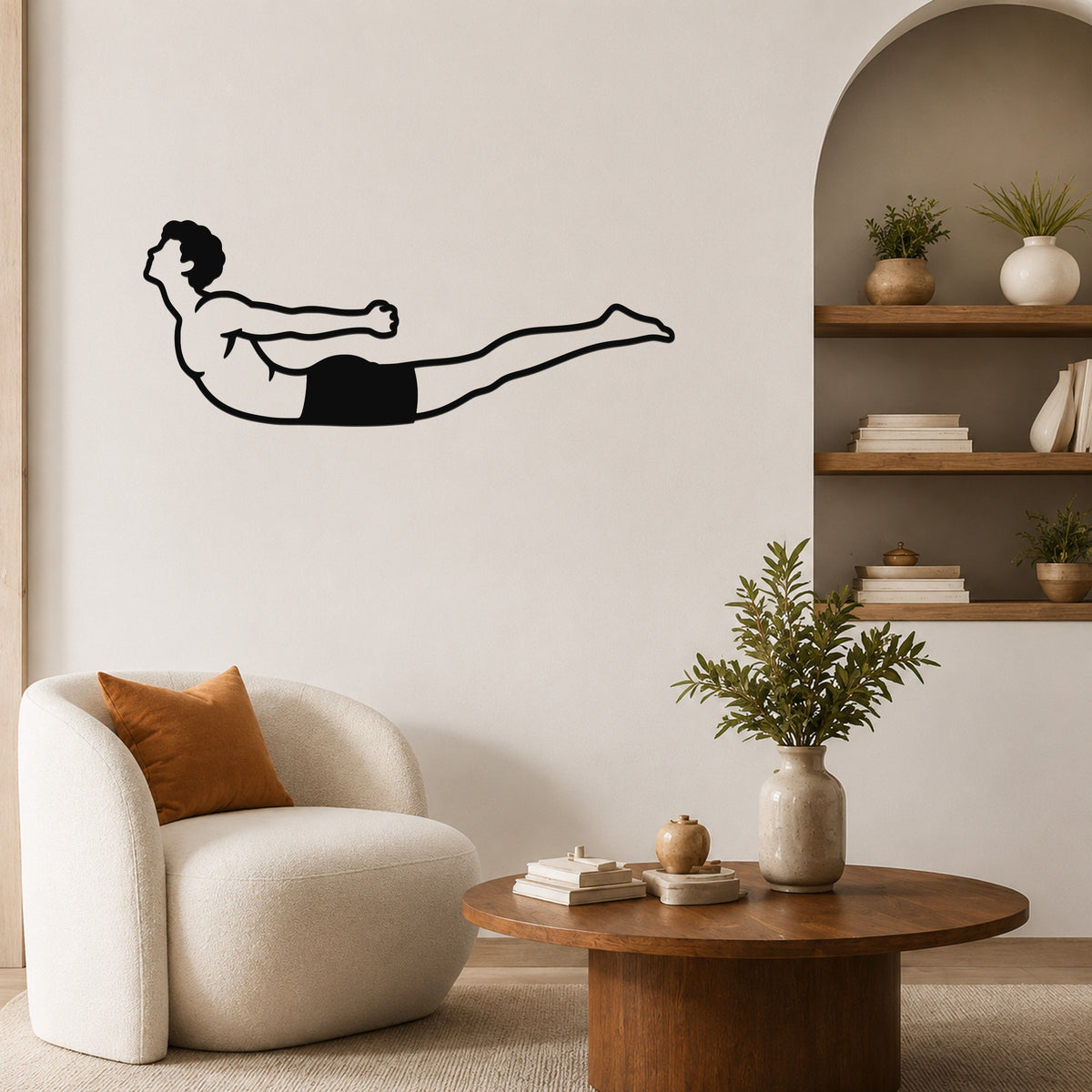Male Classical Pilates Double Leg Kick waterproof steel metal wall art, mockup 4