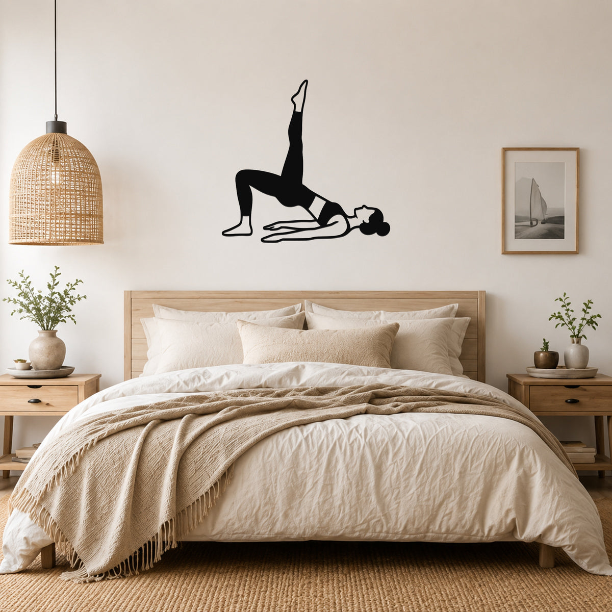 Female Classical Pilates Shoulder Bridge waterproof steel metal wall art, mockup 4