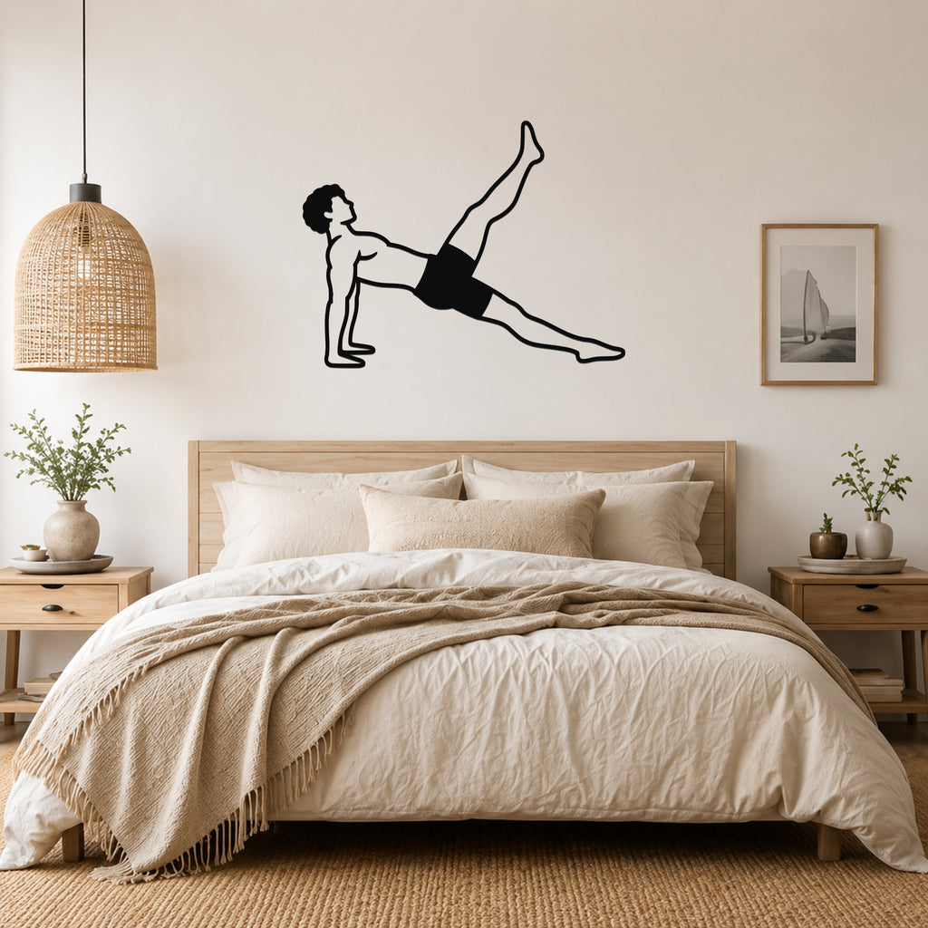 Male Classical Pilates Leg Pull Back waterproof steel metal wall art, mockup 4