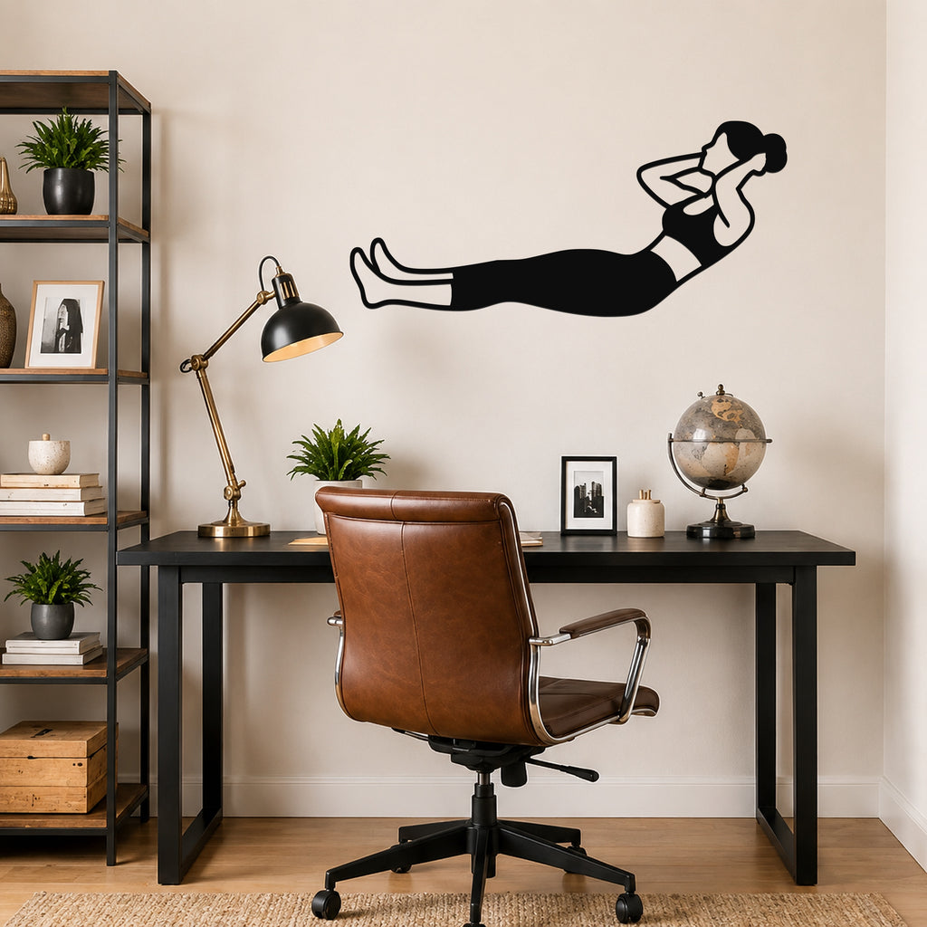 Female Classical Pilates Neck Pull waterproof steel metal wall art, mockup 5