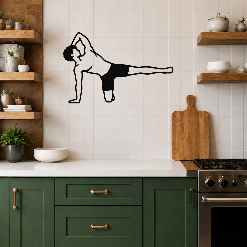 Male Classical Pilates Side Kick Kneeling waterproof steel metal wall art, mockup 5