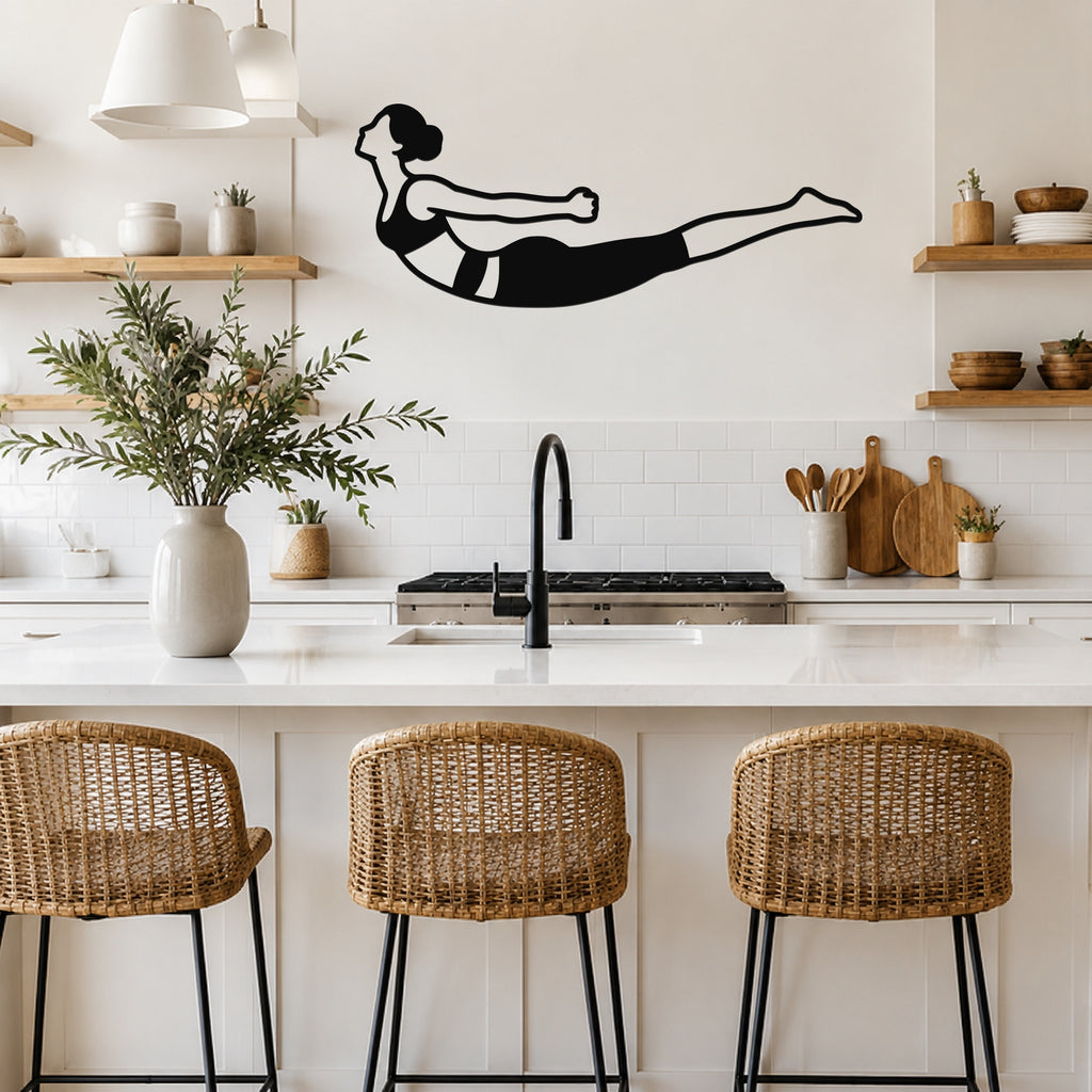 Female Classical Pilates Double Leg Kick waterproof steel metal wall art, mockup 5