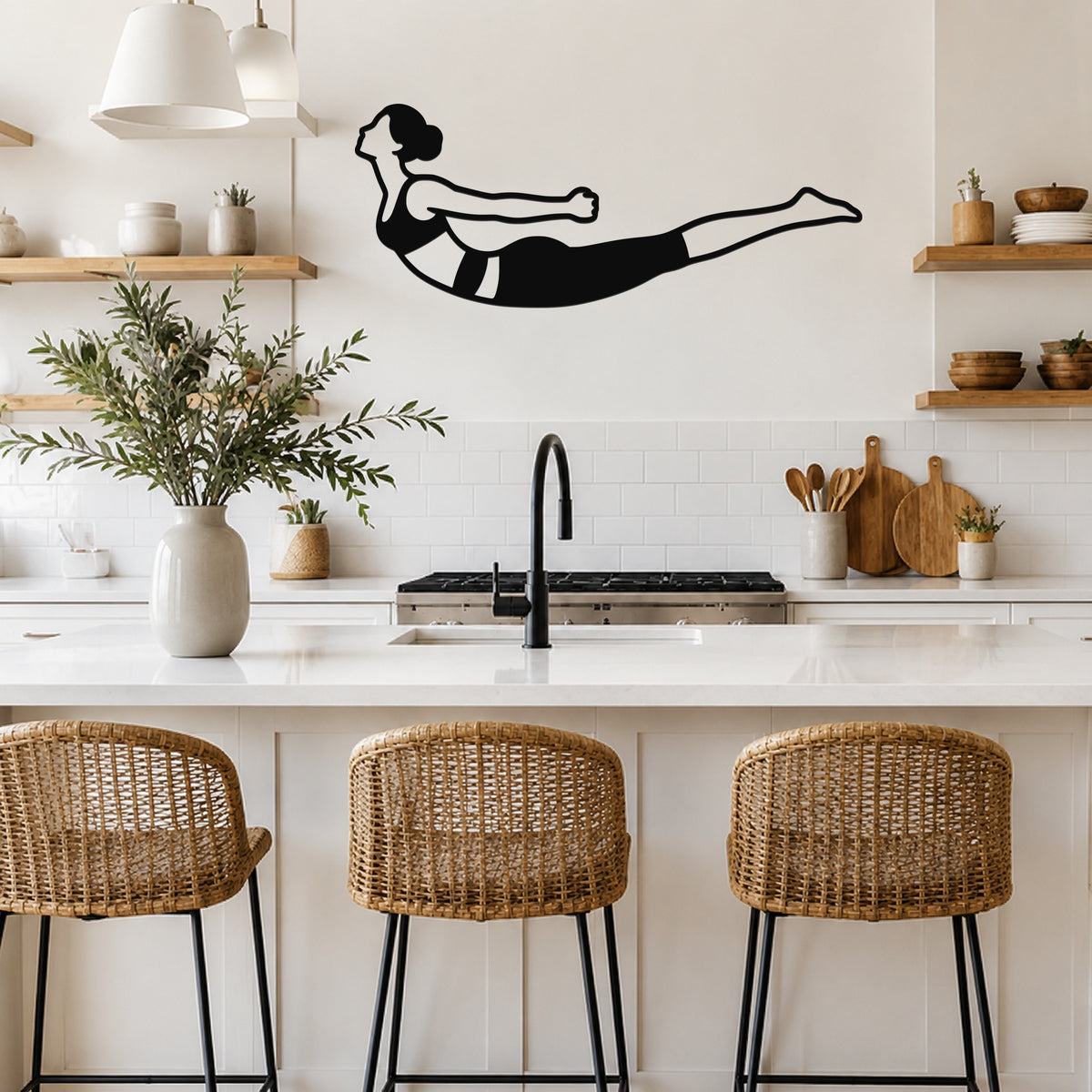 Female Classical Pilates Double Leg Kick waterproof steel metal wall art, mockup 5