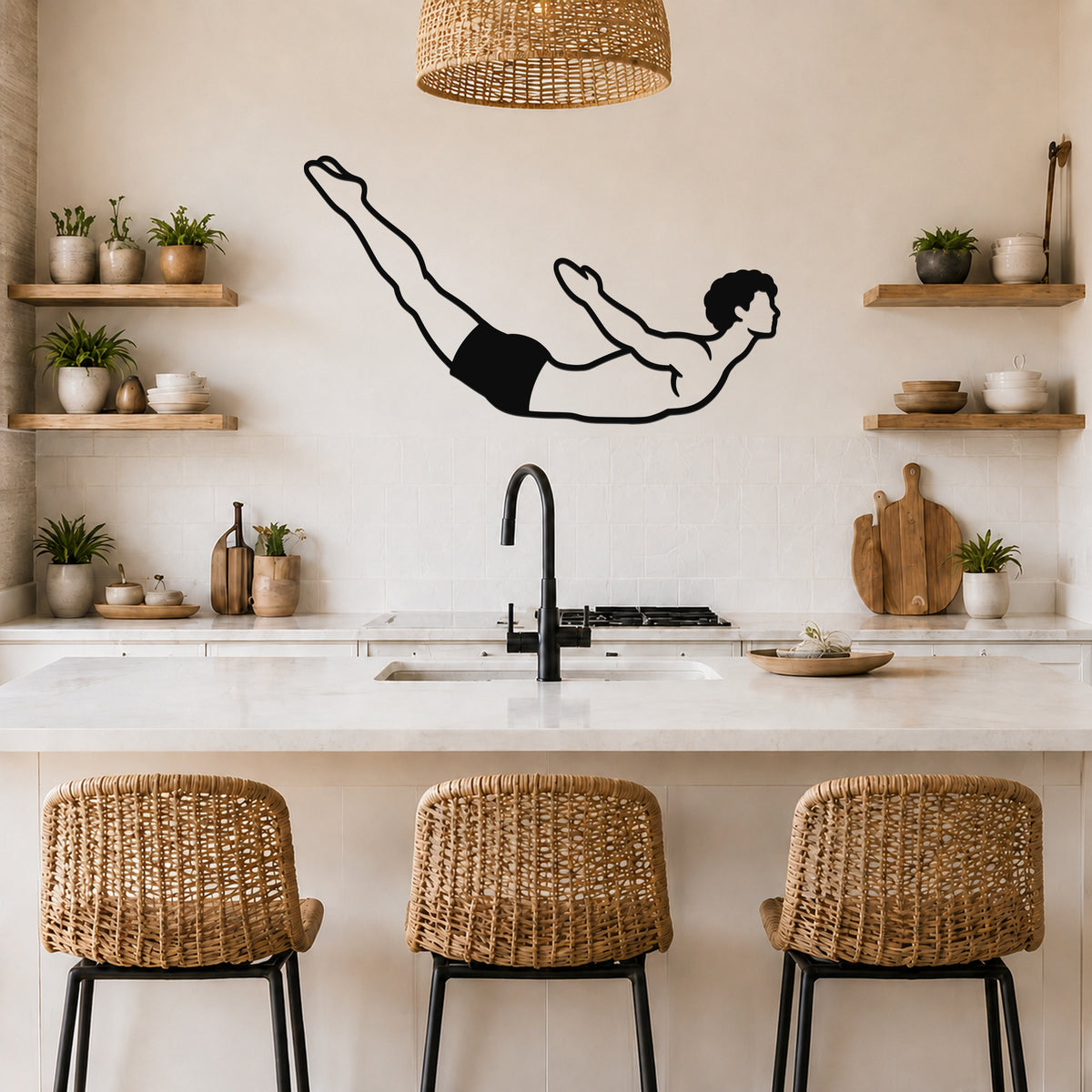 Male Classical Pilates Swan Dive waterproof steel metal wall art, mockup 5