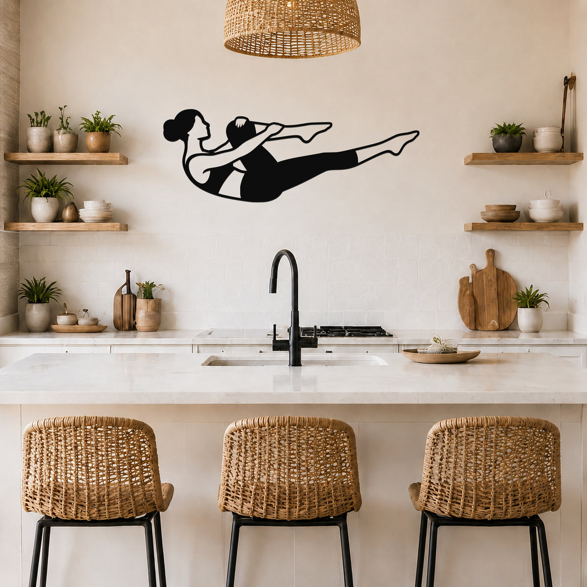 Female Classical Pilates Single Leg Stretch waterproof steel metal wall art, mockup 5