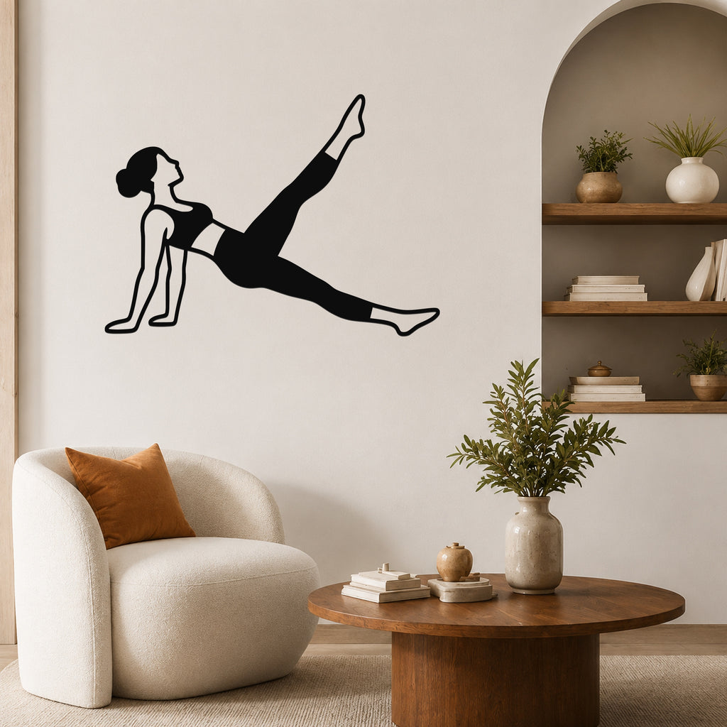 Female Classical Pilates Leg Pull Back waterproof steel metal wall art, mockup 5