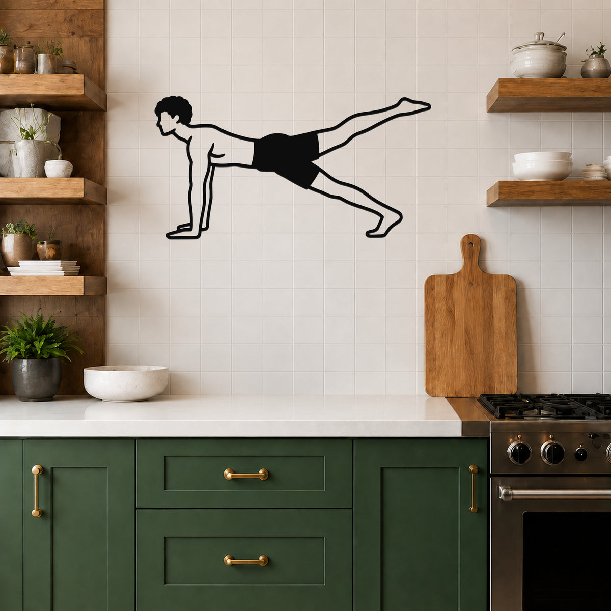 Male Classical Pilates Leg Pull Front waterproof steel metal wall art, mockup 5