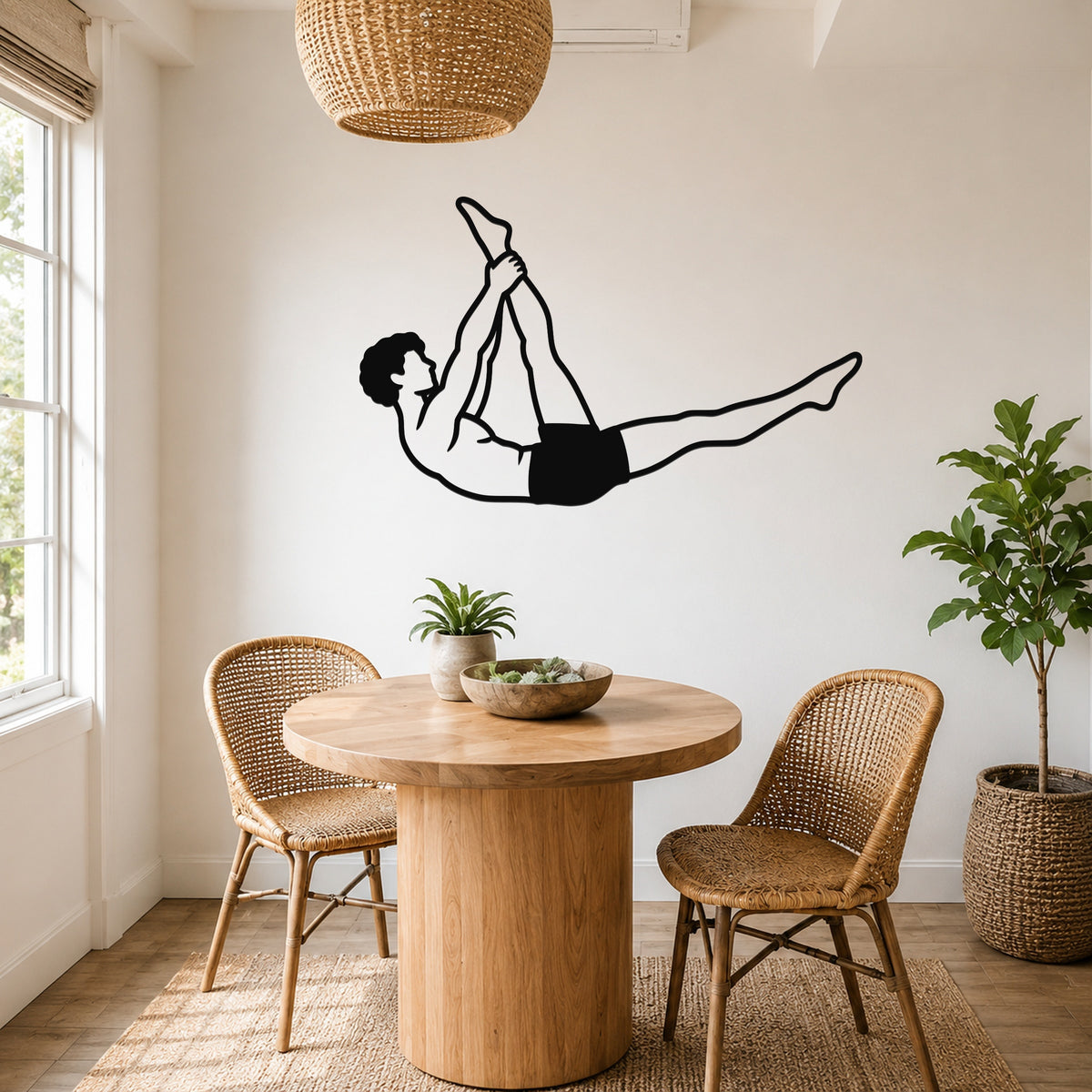 Male Classical Pilates Single Straight Leg waterproof steel metal wall art, mockup 5