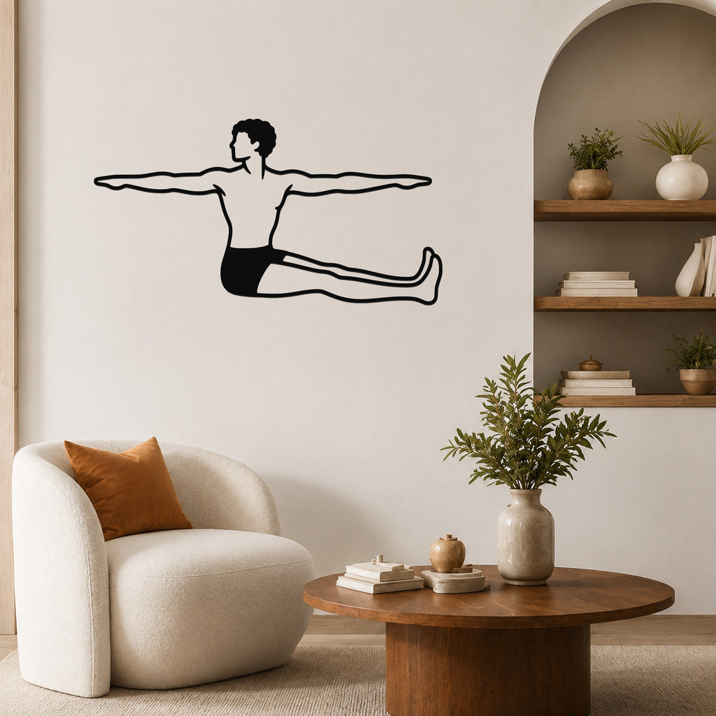 Male Classical Pilates Spine Twist waterproof steel metal wall art, mockup 5