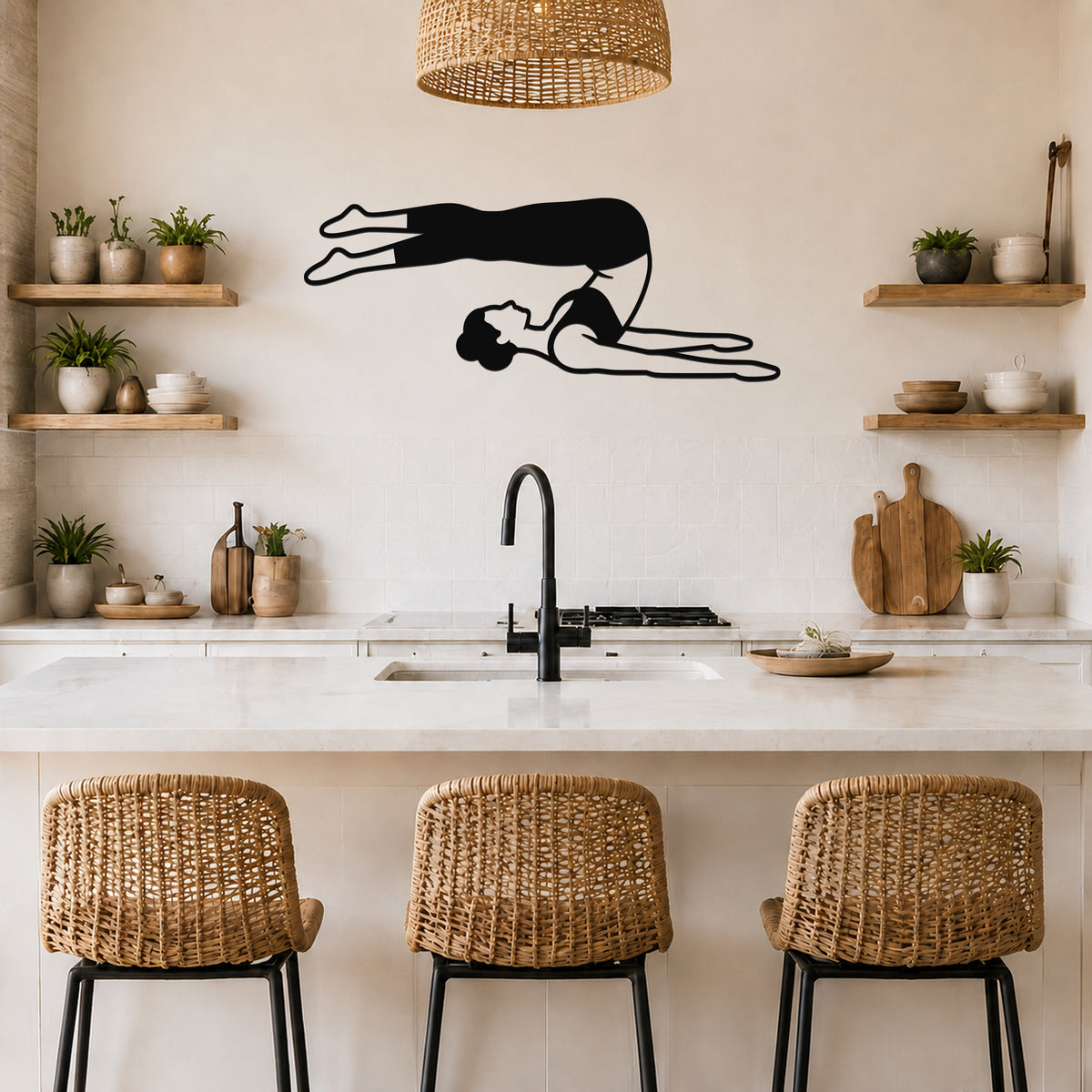 Female Classical Pilates Roll Over waterproof steel metal wall art, mockup 5