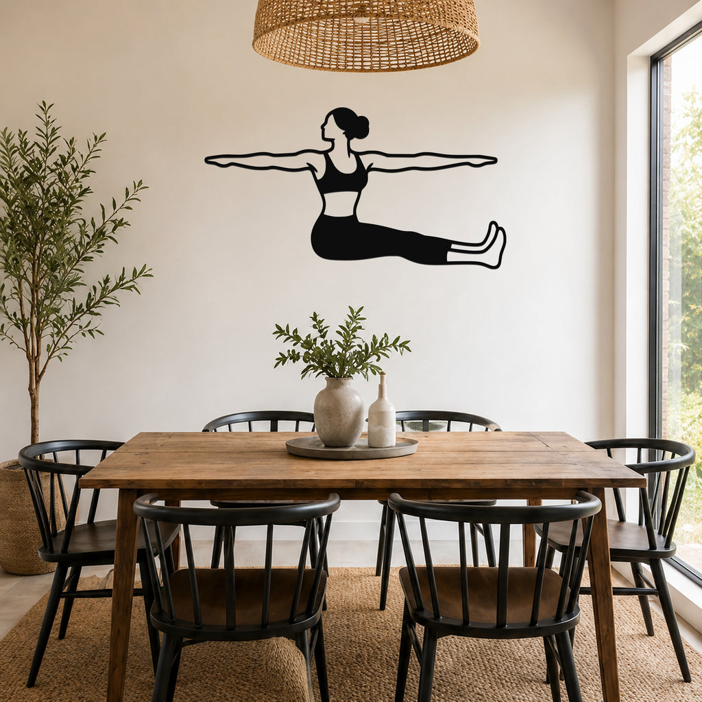Female Classical Pilates Spine Twist waterproof steel metal wall art, mockup 5