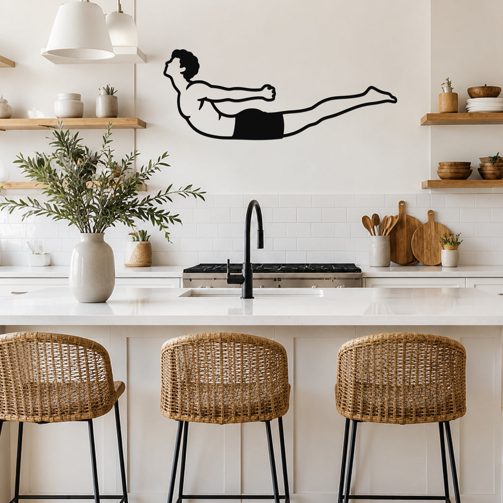 Male Classical Pilates Double Leg Kick waterproof steel metal wall art, mockup 5