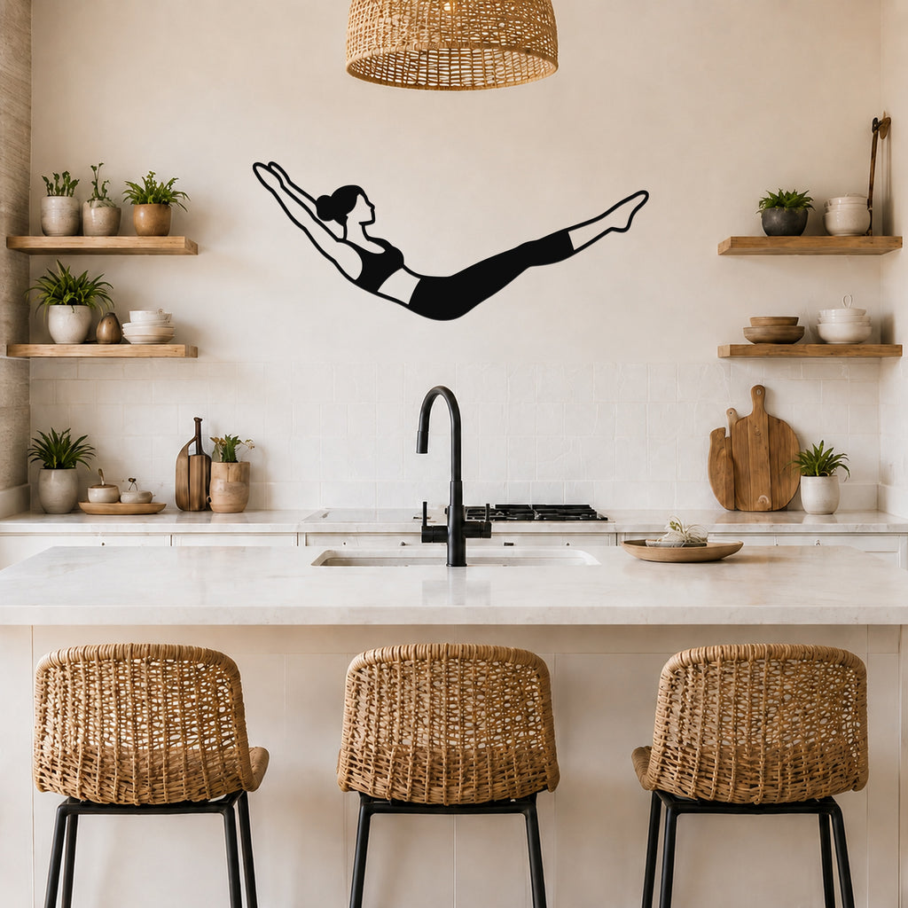 Female Classical Pilates Double Leg Stretch waterproof steel metal wall art, mockup 5