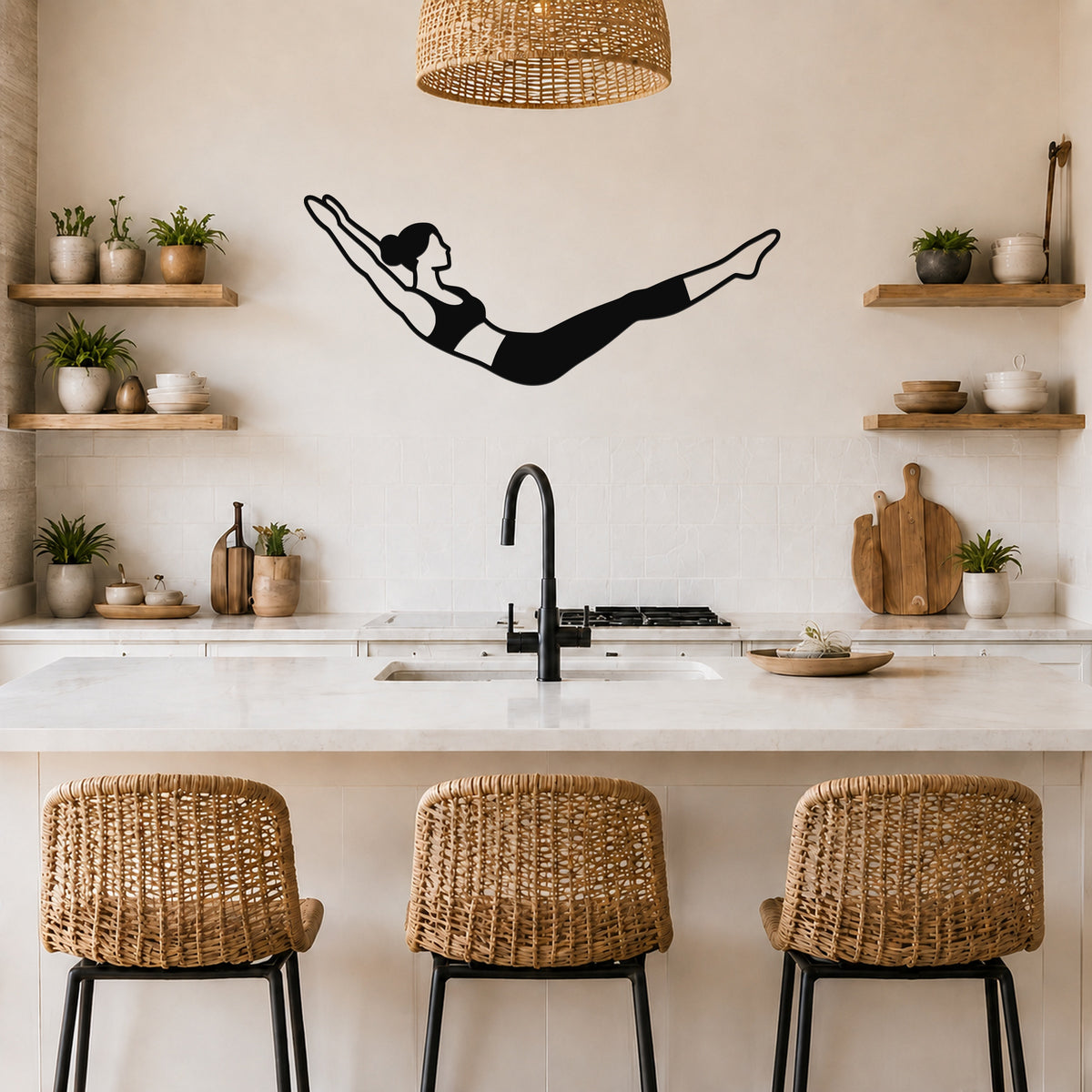 Female Classical Pilates Double Leg Stretch waterproof steel metal wall art, mockup 5