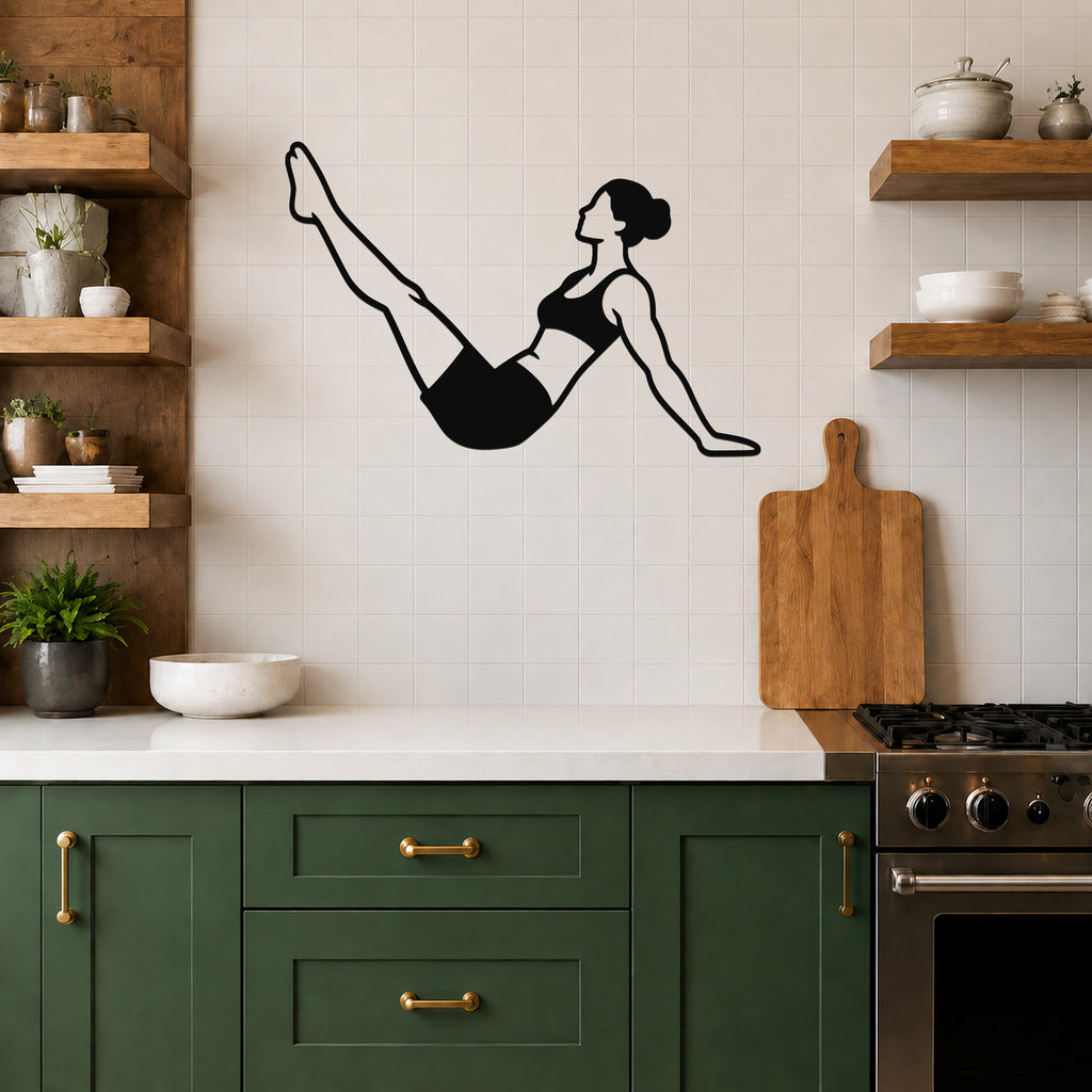 Female Classical Pilates Hip Circles waterproof steel metal wall art, mockup 5