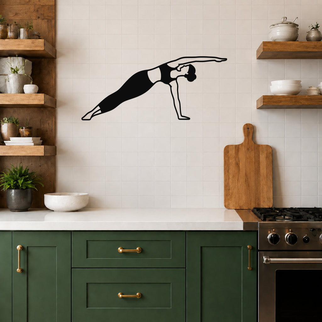 Female Classical Pilates Side Bend waterproof steel metal wall art, mockup 5