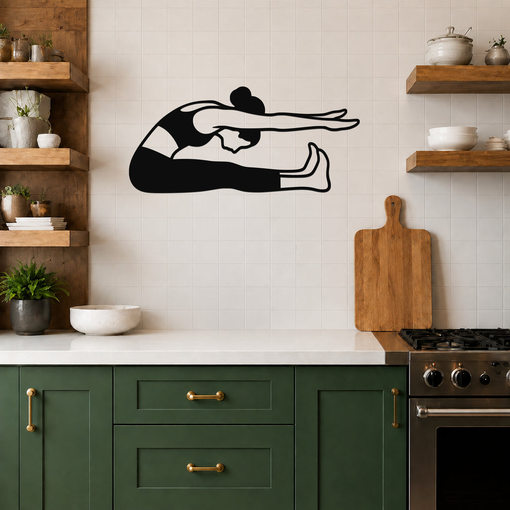 Female Classical Pilates Spine Stretch waterproof steel metal wall art, mockup 5