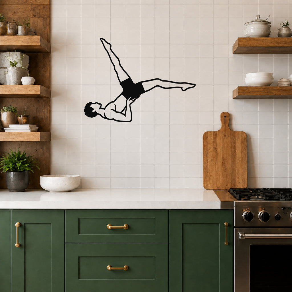Male Classical Pilates Bicycle waterproof steel metal wall art, mockup 5