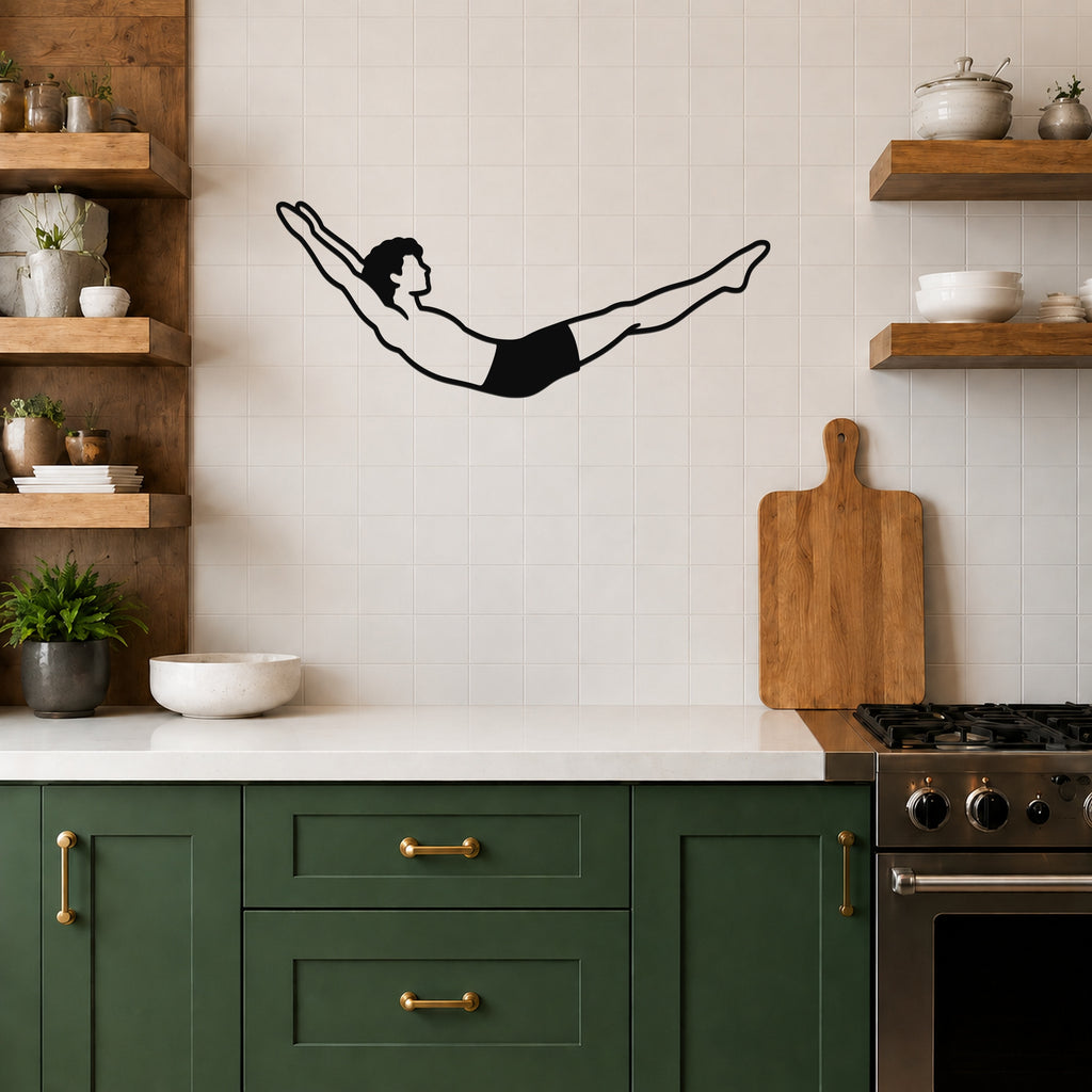 Male Classical Pilates Double Leg Stretch waterproof steel metal wall art, mockup 5