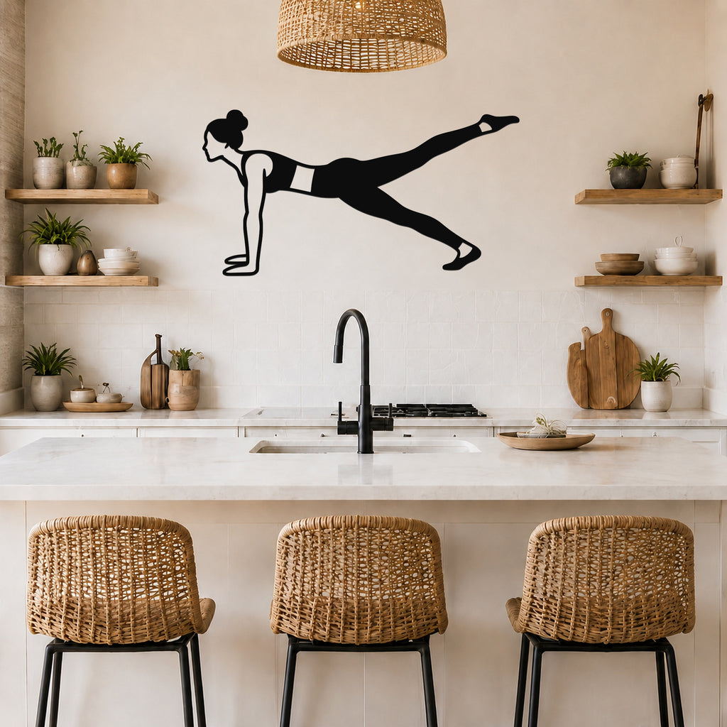 Female Classical Pilates Leg Pull Front waterproof steel metal wall art, mockup 5