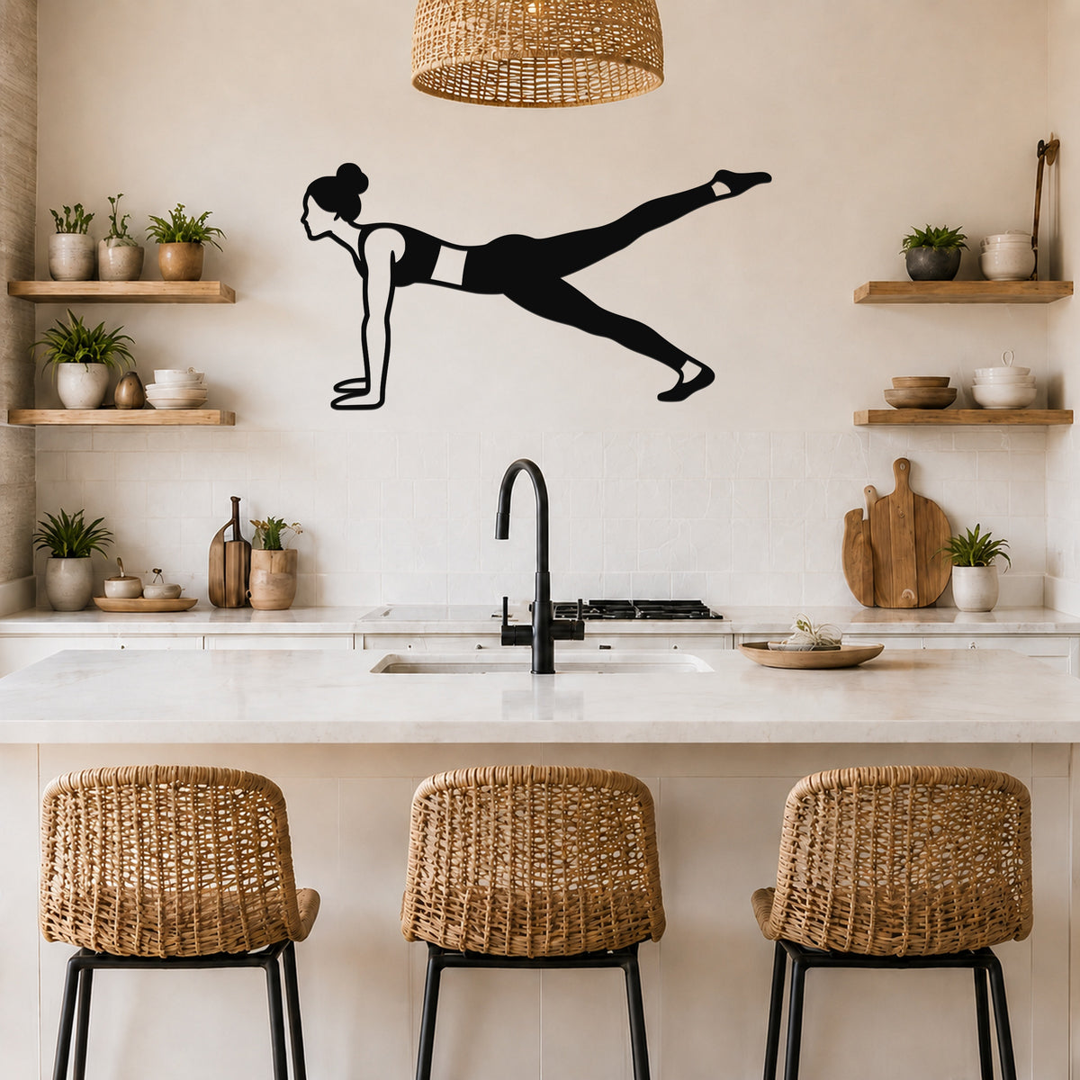 Female Classical Pilates Leg Pull Front waterproof steel metal wall art, mockup 5